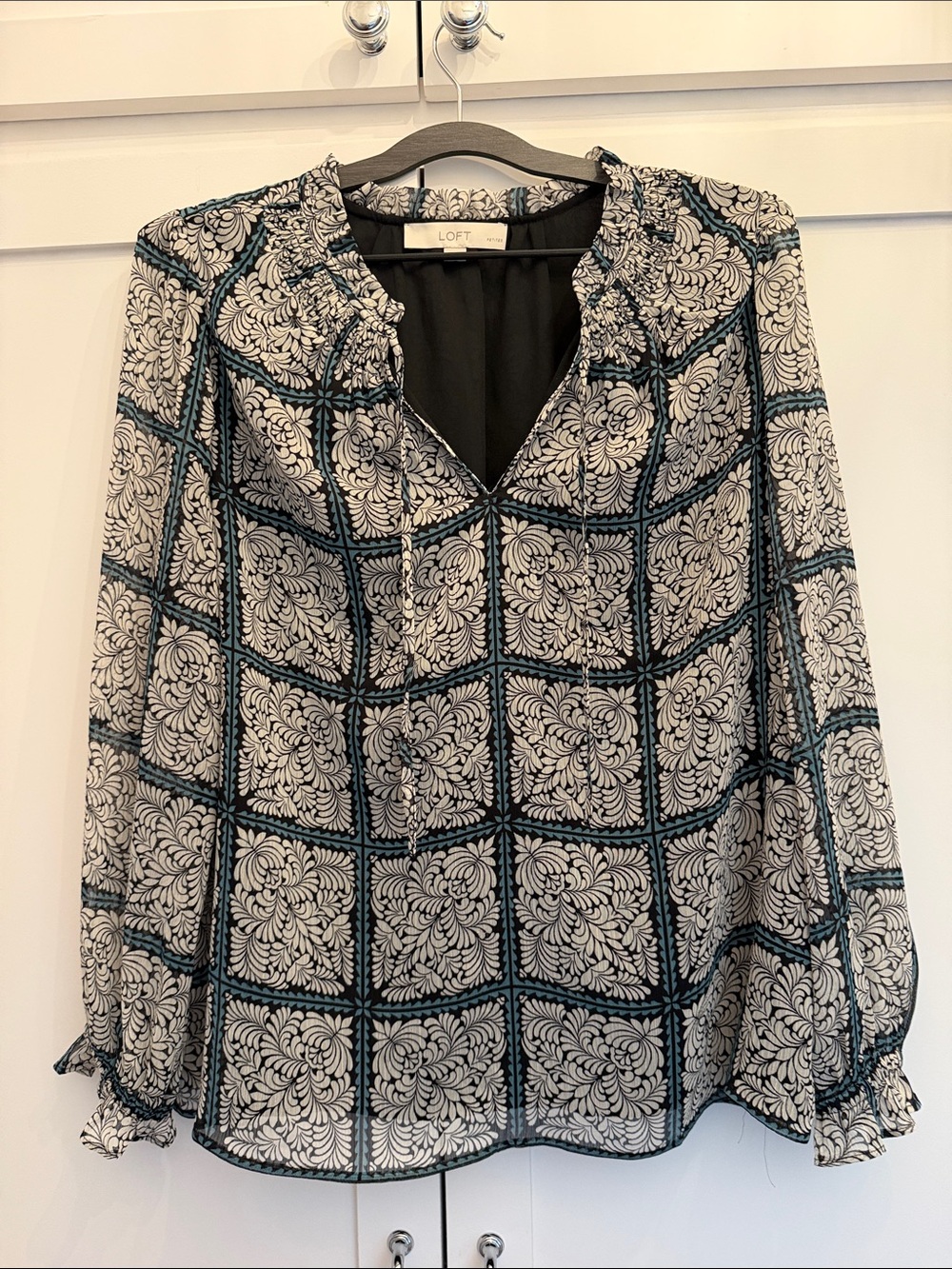 LOFT Black, White & Teal Floral Grid Long-Sleeve Blouse